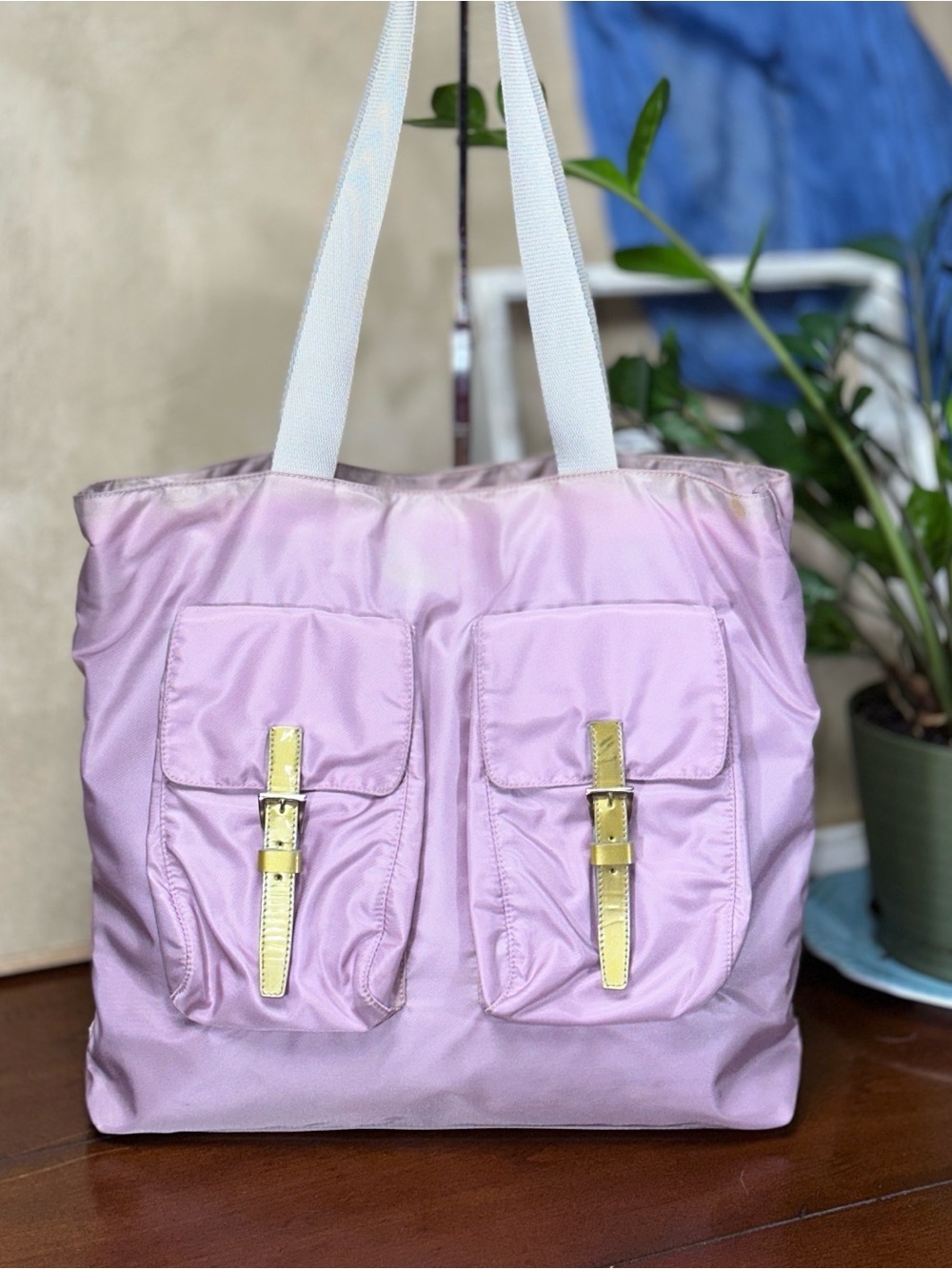 AUTHENTIC Prada Vintage Nylon Tessuto Enamel Shoulder Tote Bag. Pink.